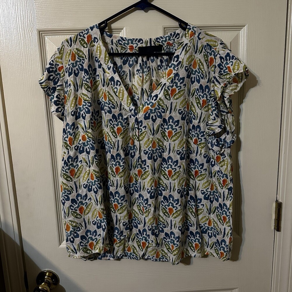 Women's Floral Flutter Short Sleeve V Flowy Blouse Lightweight 2X